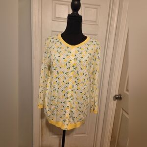 Talbots Lemon Print Cardigan with Yellow Trim